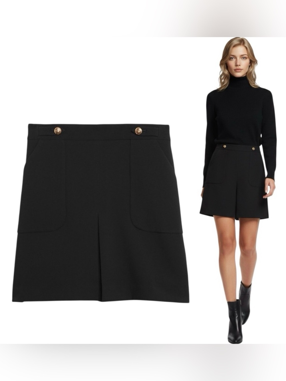 Banana Republic Black Front Pleat Gold Button Pocket Utility A-Line Mini Skirt